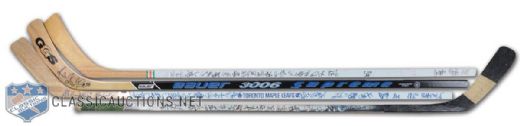 1990s Team-Signed Devils, Maple Leafs and Sharks Stick Collection of 3 Featuring Stevens, Brodeur & Niedermayer, Plus Signed Vladimir Ruzicka Stick