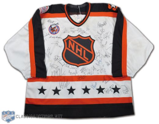1993 NHL All-Star Game Wales Conference Jersey Signed By 51 Wales and Campbell All-Stars, Including Gretzky, Jagr & Selanne