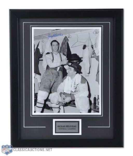 Jean Beliveau Signed Montreal Canadiens Dressing Room Framed Photo With Maurice Richard (18 1/4" x 22 1/8")