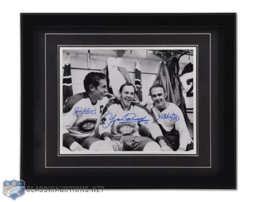 Jean Beliveau, Yvan Cournoyer & Henri Richard Signed Montreal Canadiens Dressing Room Framed Photo (18 1/8" x 21 1/8")