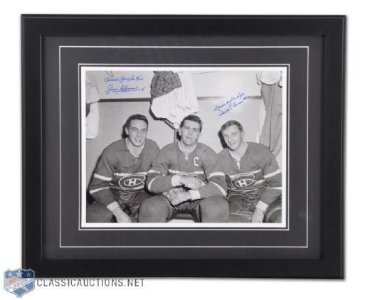 Jean Beliveau & Dickie Moore Signed "Friends for Life" Montreal Canadiens Dressing Room Framed Photo with Maurice Richard (18 1/4" x 22 1/8")
