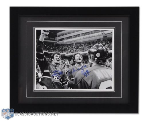 Yvon Lambert, Pierre Bouchard & Pierre Mondou Signed Montreal Canadiens 1977 Stanley Cup Celebration Framed Photo (18 3/4" x 22 3/4")