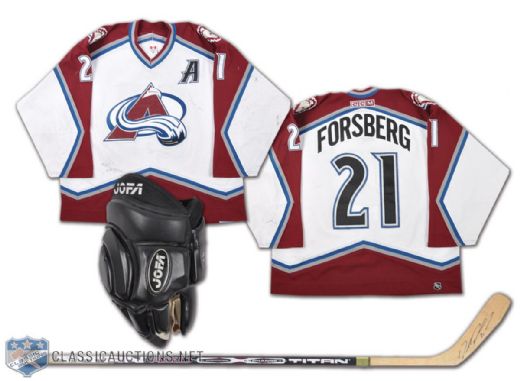 Peter Forsberg 2002-03 Colorado Avalanche Game-Worn Alternate Captains Jersey & Game-Used Glove and Signed Stick