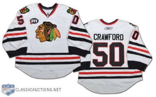 Corey Crawford 2007-08 Chicago Black Hawks Game-Worn Jersey With "WWW" Patch Photo-Matched!