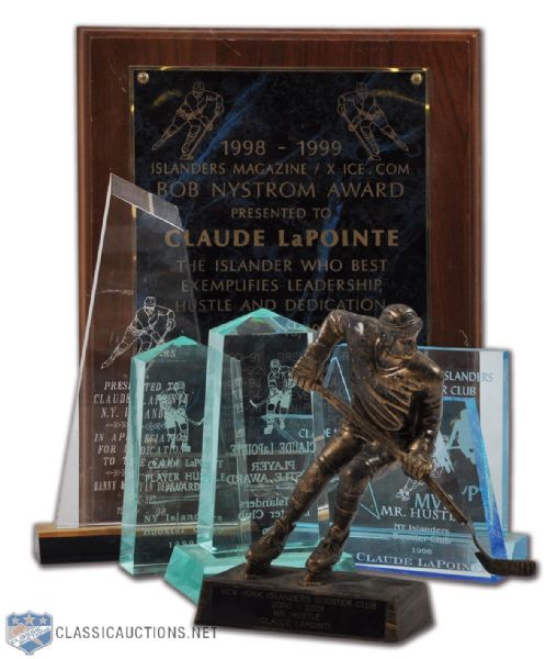 Claude Lapointes New York Islanders Trophy Collection of 7, Including 1998-99 Bob Nystrom Award (15" x 12")