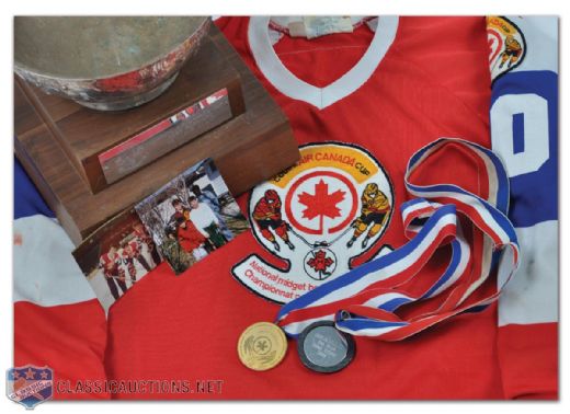 Claude Lapointes 1985 Air Canada Cup Collection of 4, Including Gold Medal, Game-Worn Jersey, 2nd Star Silver Medal and Best Forward Trophy (11")