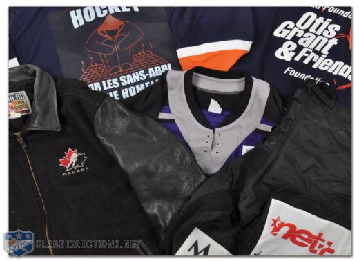 Claude Lapointes Hockey Jersey Collection of 4 Plus Swiss Hockey League Pants Shell & Hockey Canada Leather and Wool Jacket