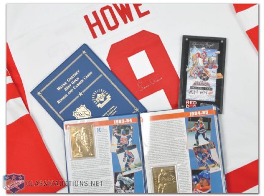 Gordie Howe Detroit Red Wings Signed Jersey & Wayne Gretzky UDA 22KT Gold "Rookie Card and Career Cards" Set & UDA 22KT Gold "Championship Cards" Set Collection of 2
