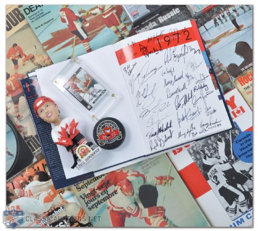 1972 Canada-Russia Paul Henderson/Team Canada Memorabilia Collection Featuring Autographed Henderson Card & "Team Canada 1972: Where Are They Now?" Book Signed by 33, Including Henderson, Tretiak & Fe