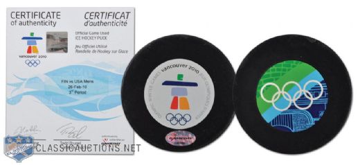 2010 Winter Olympics Mens USA vs Finland Game-Used Puck From Playoffs Semifinals
