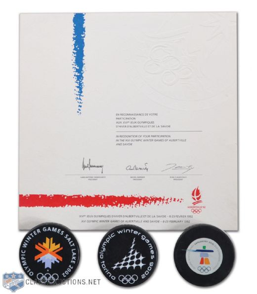 2002, 2006 & 2010 Winter Olympics Game-Used Pucks & 1992 Albertville Participation Certificate