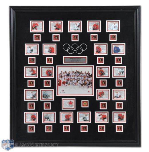 Team Canada 2002 Winter Olympics Gold Medal Winners Cards & Pin Set Framed Montage (36 1/2" x 39 1/2")
