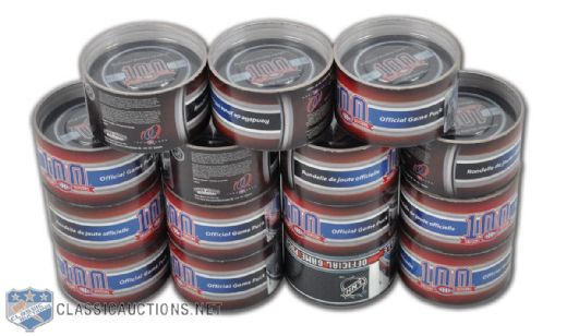 Edmonton Oilers 30th Anniversary & Montreal Canadiens 100 Seasons Official Game Pucks Collection of 42