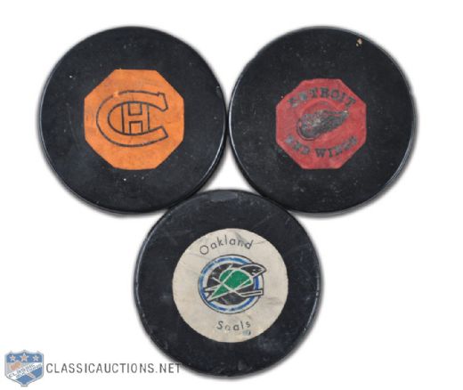Montreal Canadiens & Detroit Red Wings Original Six Art Ross/CCM Pucks + Oakland Seals Puck