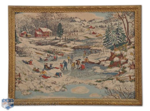 Vintage Early 20th Century Winter Sports Scene Framed Tapestry with Ice Skating (18" x 24")