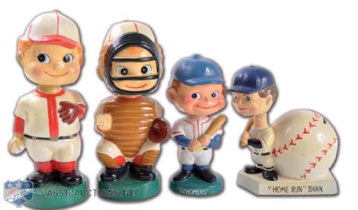 1960s Baseball Bobbing Head Dolls Collection of 4 Featuring 62 Homersand Home Run Bank