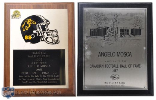 Angelo Moscas CFL HOF Induction and Tiger-Cats Walk of Fame Plaque Collection of 2