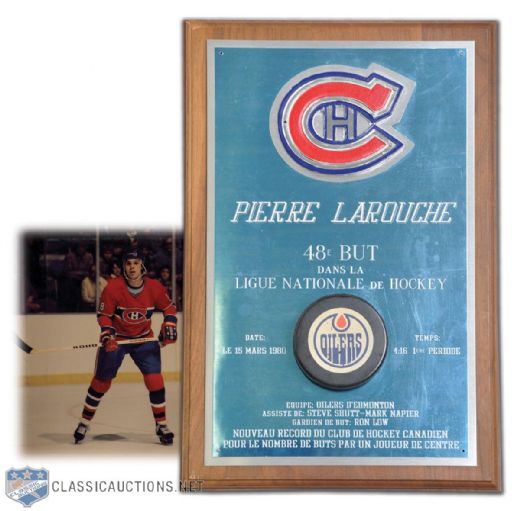 Pierre Larouches 1979-80 Montreal Canadiens Record-Setting 48th Goal Puck Plaque (15" x 10")