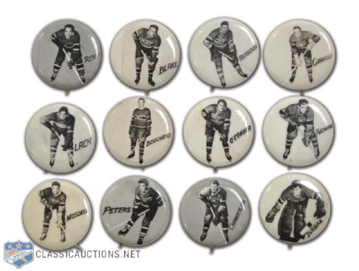 1948 Montreal Canadiens Pep Cereals Pin Collection of 12, Including Richard, Blake, Lach & Durnan