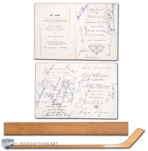 Montreal Canadiens 1947-48 Team-Signed Stick and 1949-50 Team-Signed Menu