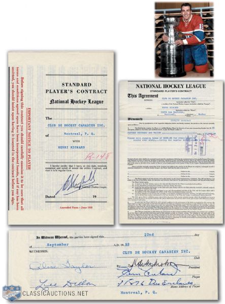 Henri Richards 1958-59 Montreal Canadiens Contract Signed by Richard, Molson and Campbell