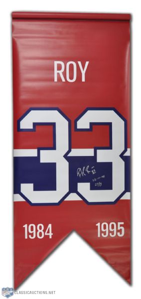Patrick Roys Signed Montreal Canadiens Jersey Number Retirement Banner (48" x 20 1/2")