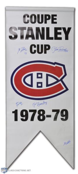 Montreal Canadiens 1978-79 Stanley Cup Banner Signed by 5, <br>Including HOFers Lafleur, Cournoyer, and Lapointe (49" x 20 1/2")