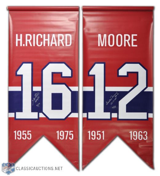 Henri Richard and Dickie Moore Signed Montreal Canadiens Jersey Number Retirement Banner, <br>Collection of 2 (47" x 20 1/2")