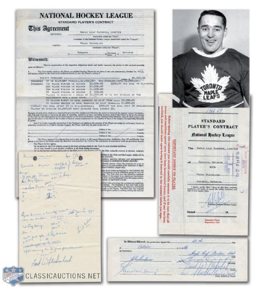 Frank Mahovlichs 1966-67 Toronto Maple Leafs NHL Contract Signed by Mahovlich, Imlach and Campbell, Plus 1967-69 Contract Negotiation Sheet Signed by Mahovlich