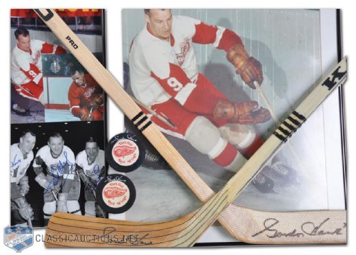 Gordie Howes Autographed Memorabilia, Collection of 11, Including Two Commemorative Sticks,<br> Framed 20x16 Photo and Production Line 8x10 Photo Signed by Howe, Abel and Lindsay.