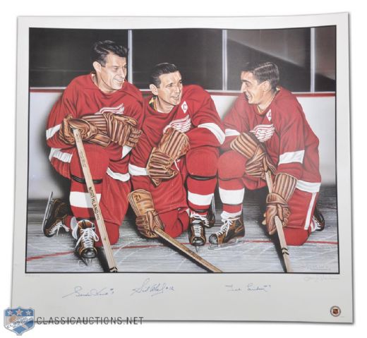 Detroit Red Wings Production Line Lithograph Autographed by Howe, Abel and Lindsay (27"x 29")