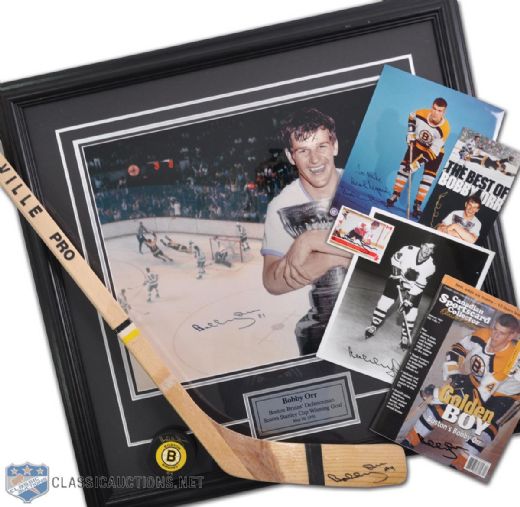 Bobby Orrs Autographed Memorabilia Collection of 8, Including Victoriaville Stick and Framed 16x20 Photo (29" x 28")