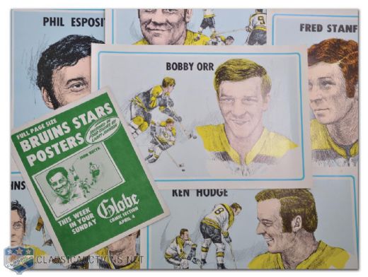 Boston Bruins 1971 Boston Sunday Globe Poster Set, Collection of 10 (14 1/2" x 21 1/2") Plus Original Broadside Ad (14" x 11")