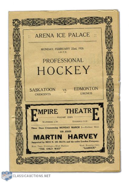 Eddie Shores 1926 WCHL Edmonton Eskimos vs. Saskatoon Crescents Program (10" x 7")