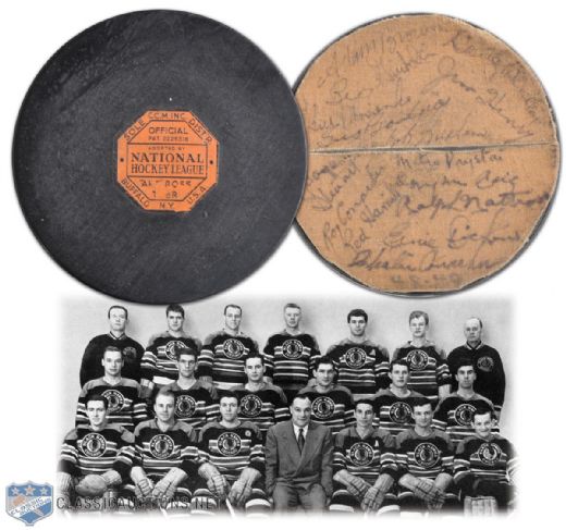 Chicago Black Hawks 1948-49 Team-Signed Puck with Conachers, Mosienko, Henry & Bentley