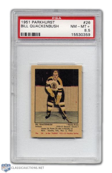 1951-52 Parkhurst #26 HOFer Bill Quackenbush RC - Graded PSA 8.5