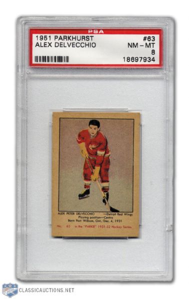 1951-52 Parkhurst #63 HOFer Alex Delvecchio RC - Graded PSA 8