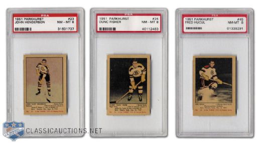 1951-52 Parkhurst - #23 Henderson, #24 Fisher & #45 Hucul - All Graded PSA 8