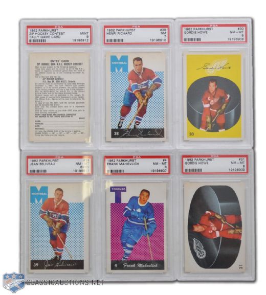 1962-63 Parkhurst PSA-Graded Card Collection of 6, Including Mint 9 Zip Card