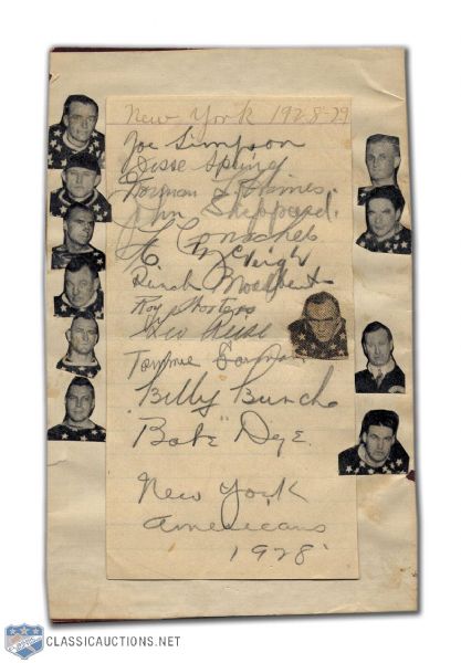 New York Americans 1928-29 Team-Signed Sheet, with 7 HOFers Featuring Dye and Burch