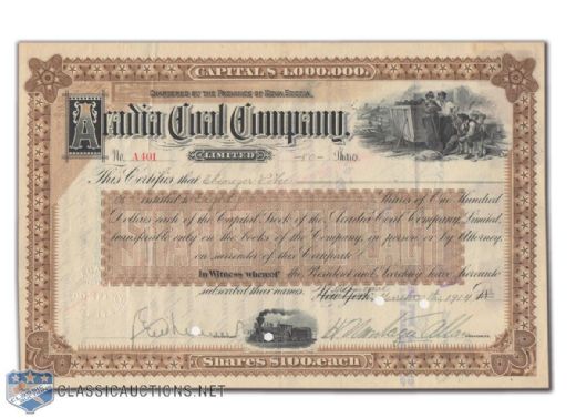 1914 Stock Certificate Signed by HOFer Sir Montagu Allan