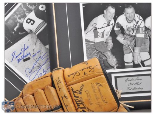 Gordie Howe and Production Line Signed Hockey Gloves and Framed Photo Collection of 3