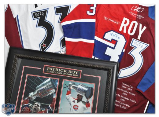 Patrick Roys Signed Jersey and Framed Photo Collection of 3