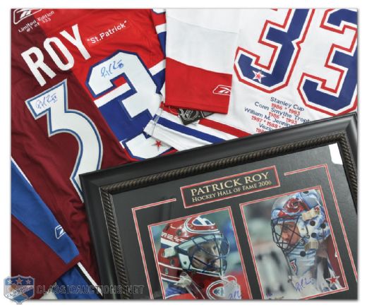 Patrick Roys Signed Jersey and Framed Photo Collection of 3