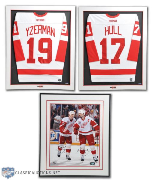 Steve Yzerman & Brett Hull Signed Detroit Red Wings Jerseys Plus Yzerman and Shanahan Dual-Signed