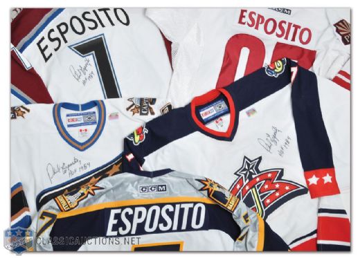 Phil Esposito Double-Signed NHL Teams Tribute Jersey Collection of 8