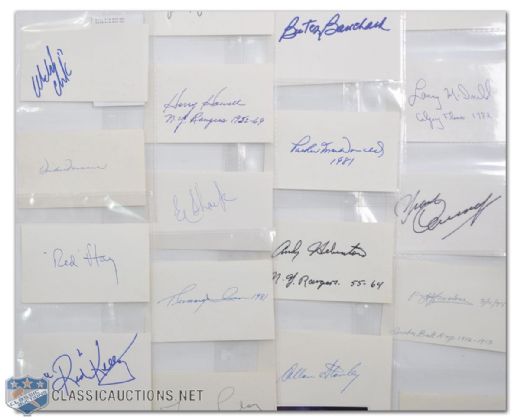 HOFers and Hockey Stars Autographed Index Card Collection of 99, Featuring HOFers Worsley, Rayner and Abel
