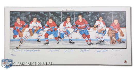 Montreal Canadiens Lithograph Autographed by 7 HOFers Including Richard, Beliveau & Lafleur