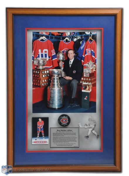 Montreal Canadiens Guy Lafleur Signed Photo & Puck Framed Montage (39" x 27")