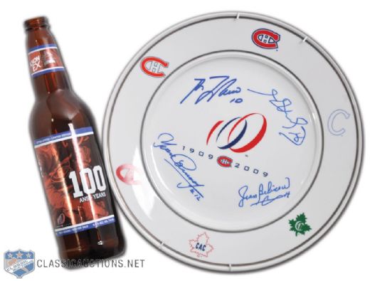 Montreal Canadiens 2009 Centennial Gala Dinner Plate Signed by 4 HOFers Plus Limited Edition "100 Years" Molson Beer Bottle